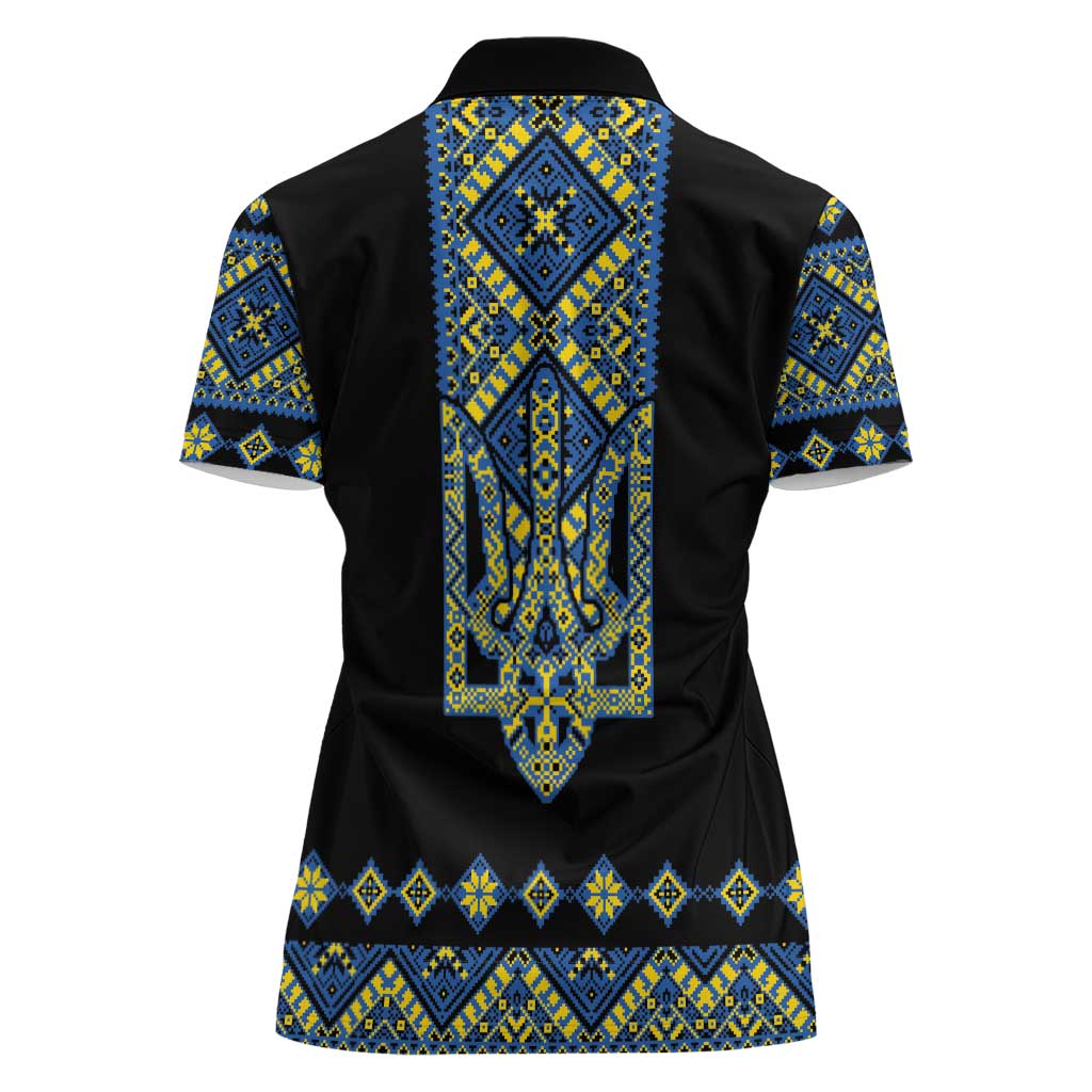 Ukraine Bandura Vyshyvanka Pattern Women Polo Shirt Ukrainian Heritage Folk Black Version - Wonder Print Shop