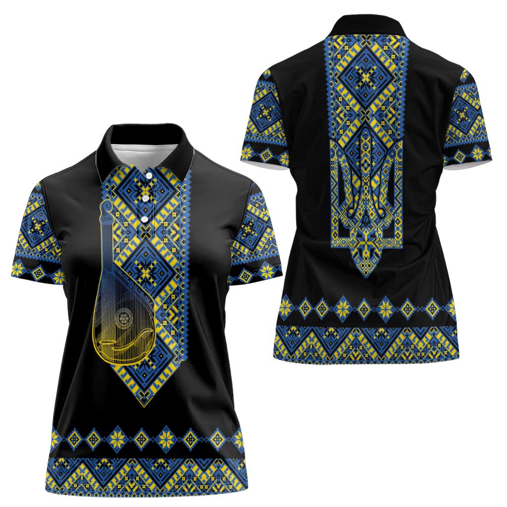 Ukraine Bandura Vyshyvanka Pattern Women Polo Shirt Ukrainian Heritage Folk Black Version - Wonder Print Shop