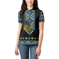 Ukraine Bandura Vyshyvanka Pattern Women Polo Shirt Ukrainian Heritage Folk Black Version - Wonder Print Shop
