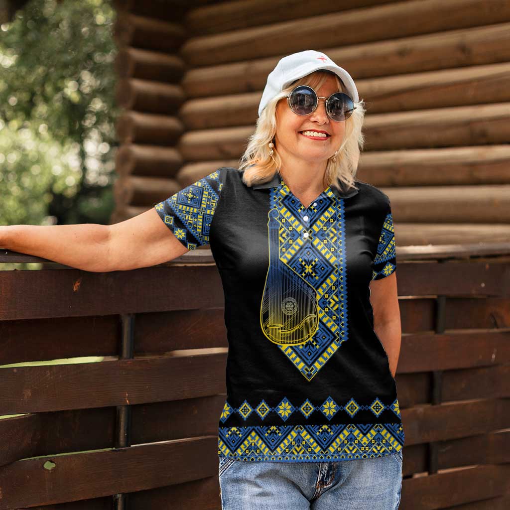 Ukraine Bandura Vyshyvanka Pattern Women Polo Shirt Ukrainian Heritage Folk Black Version - Wonder Print Shop