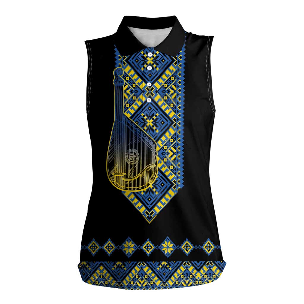 Ukraine Bandura Vyshyvanka Pattern Women Sleeveless Polo Shirt Ukrainian Heritage Folk Black Version - Wonder Print Shop