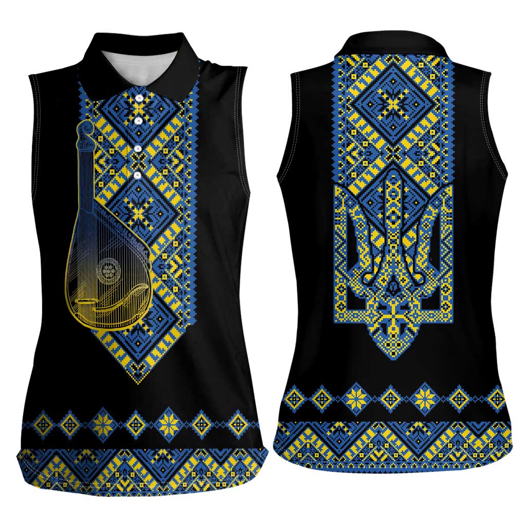 Ukraine Bandura Vyshyvanka Pattern Women Sleeveless Polo Shirt Ukrainian Heritage Folk Black Version - Wonder Print Shop