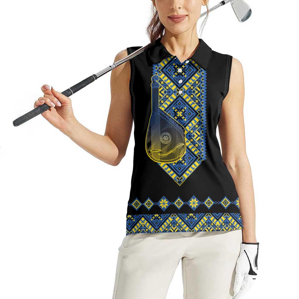 Ukraine Bandura Vyshyvanka Pattern Women Sleeveless Polo Shirt Ukrainian Heritage Folk Black Version - Wonder Print Shop