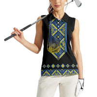 Ukraine Bandura Vyshyvanka Pattern Women Sleeveless Polo Shirt Ukrainian Heritage Folk Black Version - Wonder Print Shop