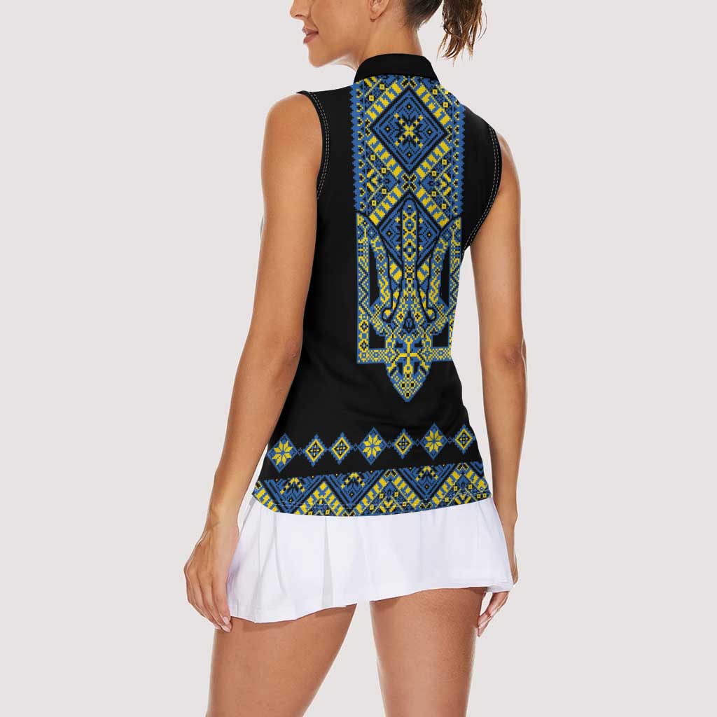 Ukraine Bandura Vyshyvanka Pattern Women Sleeveless Polo Shirt Ukrainian Heritage Folk Black Version - Wonder Print Shop