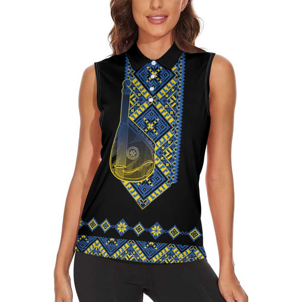 Ukraine Bandura Vyshyvanka Pattern Women Sleeveless Polo Shirt Ukrainian Heritage Folk Black Version - Wonder Print Shop