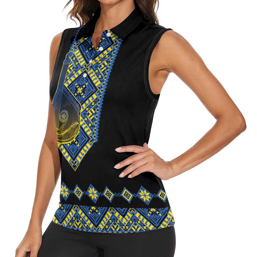 Ukraine Bandura Vyshyvanka Pattern Women Sleeveless Polo Shirt Ukrainian Heritage Folk Black Version - Wonder Print Shop