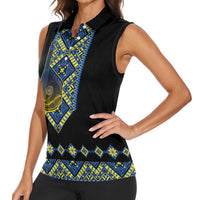 Ukraine Bandura Vyshyvanka Pattern Women Sleeveless Polo Shirt Ukrainian Heritage Folk Black Version - Wonder Print Shop