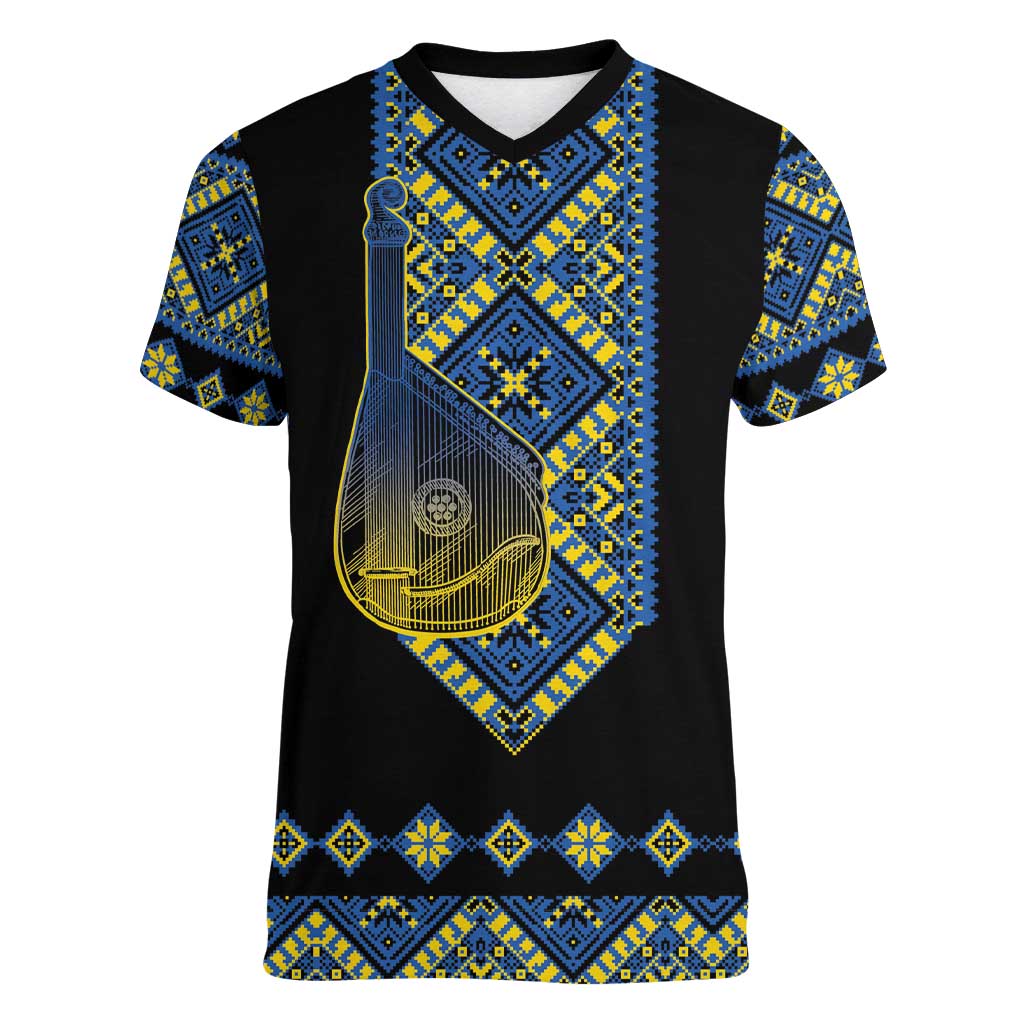 Ukraine Bandura Vyshyvanka Pattern Women V-Neck T-Shirt Ukrainian Heritage Folk Black Version - Wonder Print Shop
