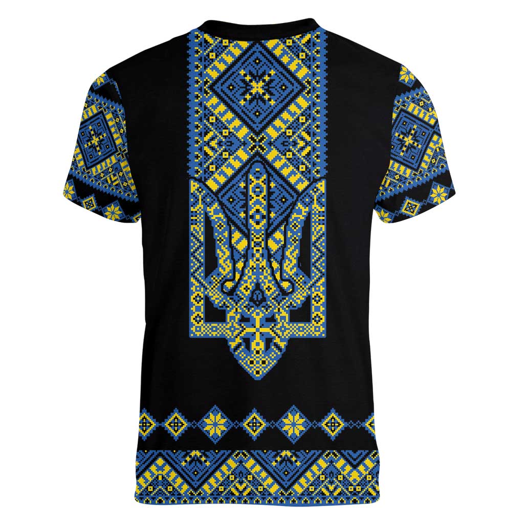 Ukraine Bandura Vyshyvanka Pattern Women V-Neck T-Shirt Ukrainian Heritage Folk Black Version - Wonder Print Shop