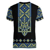 Ukraine Bandura Vyshyvanka Pattern Women V-Neck T-Shirt Ukrainian Heritage Folk Black Version - Wonder Print Shop