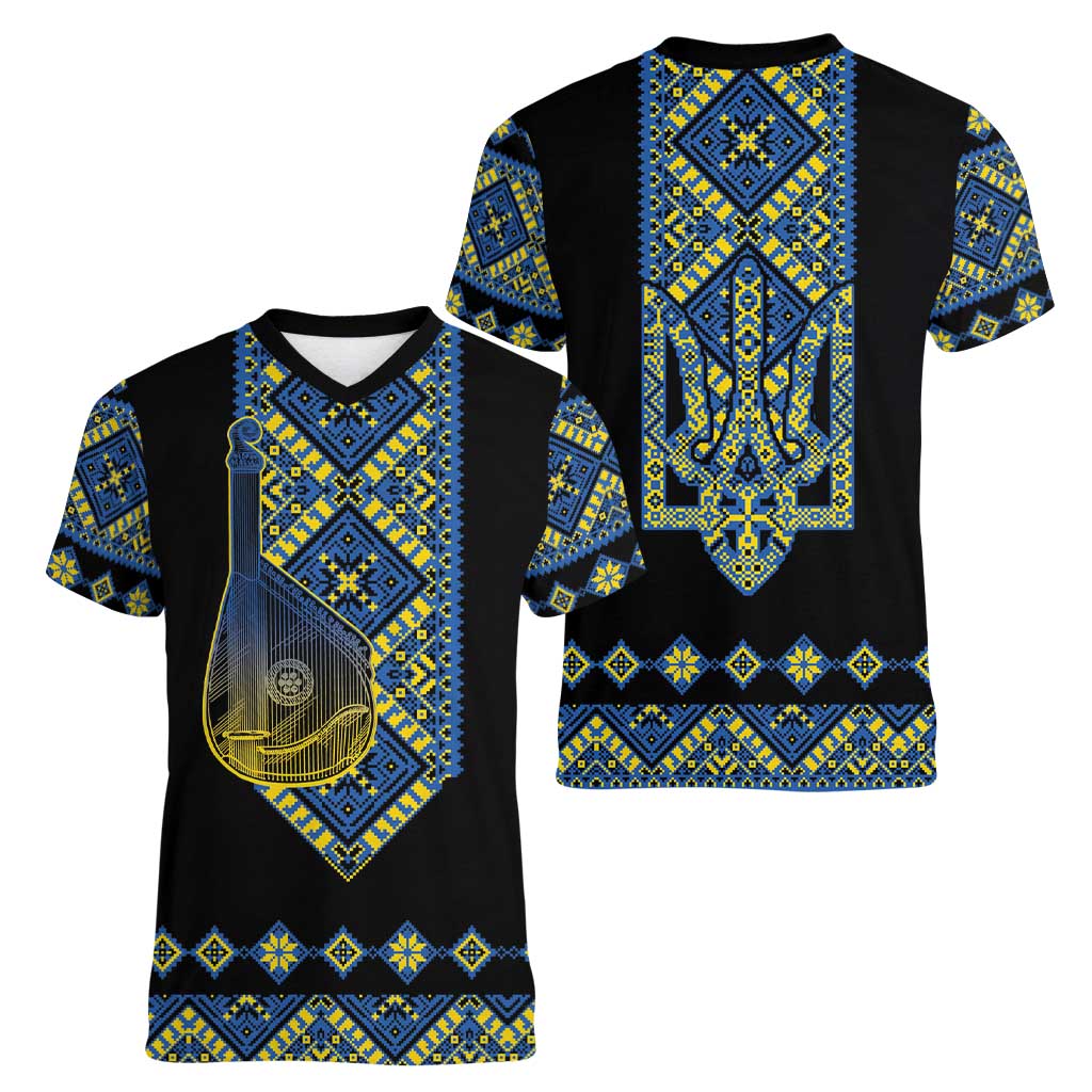 Ukraine Bandura Vyshyvanka Pattern Women V-Neck T-Shirt Ukrainian Heritage Folk Black Version - Wonder Print Shop