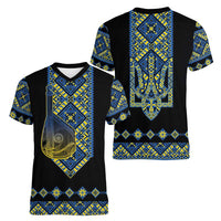 Ukraine Bandura Vyshyvanka Pattern Women V-Neck T-Shirt Ukrainian Heritage Folk Black Version - Wonder Print Shop