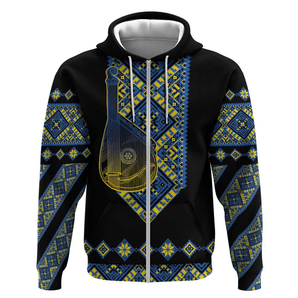Ukraine Bandura Vyshyvanka Pattern Zip Hoodie Ukrainian Heritage Folk Black Version - Wonder Print Shop