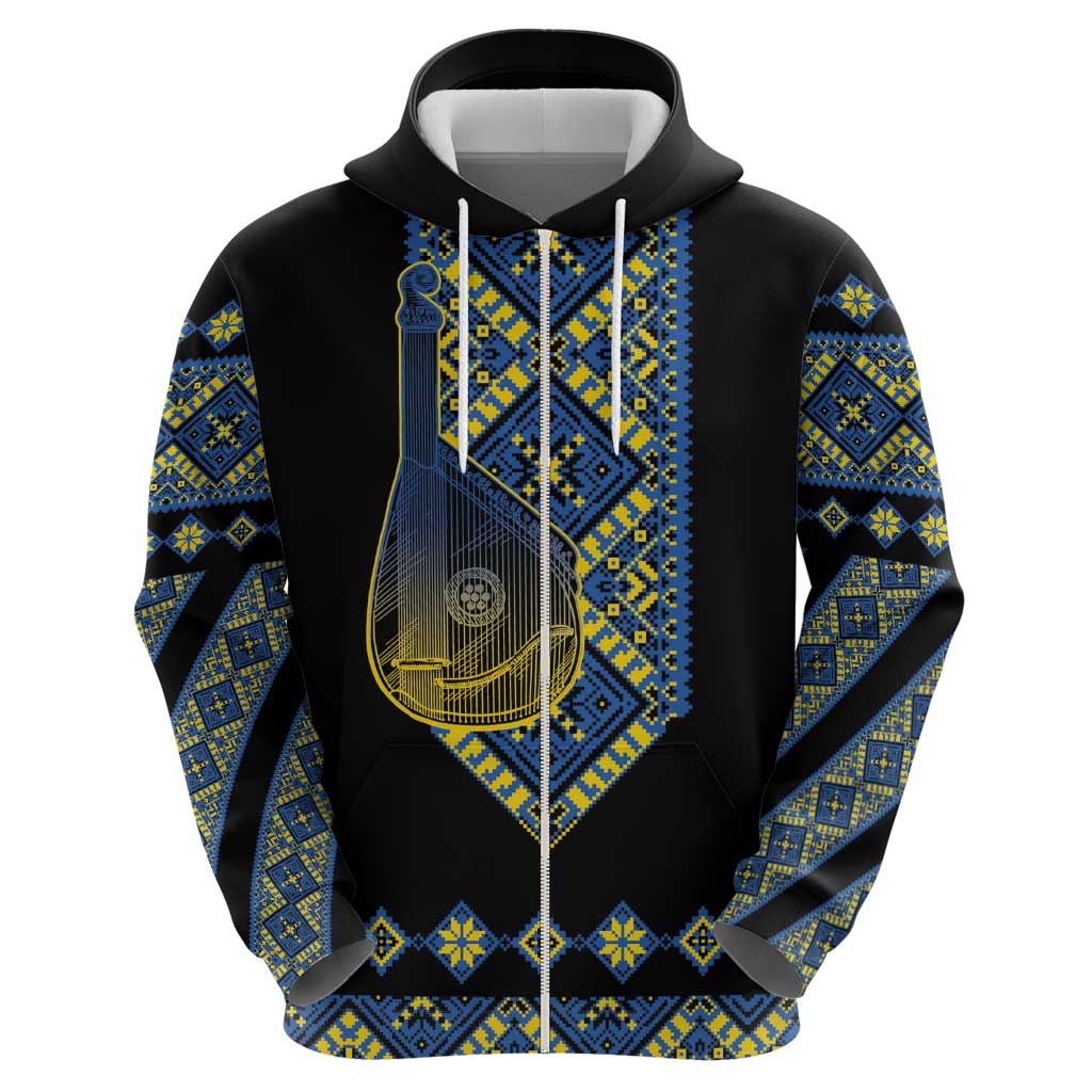 Ukraine Bandura Vyshyvanka Pattern Zip Hoodie Ukrainian Heritage Folk Black Version - Wonder Print Shop