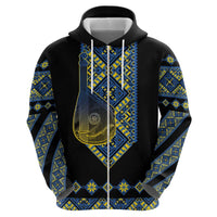 Ukraine Bandura Vyshyvanka Pattern Zip Hoodie Ukrainian Heritage Folk Black Version - Wonder Print Shop