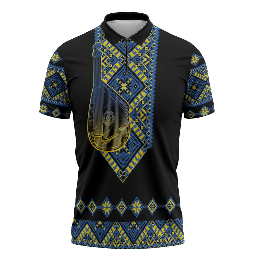 Ukraine Bandura Vyshyvanka Pattern Zipper Polo Shirt Ukrainian Heritage Folk Black Version - Wonder Print Shop