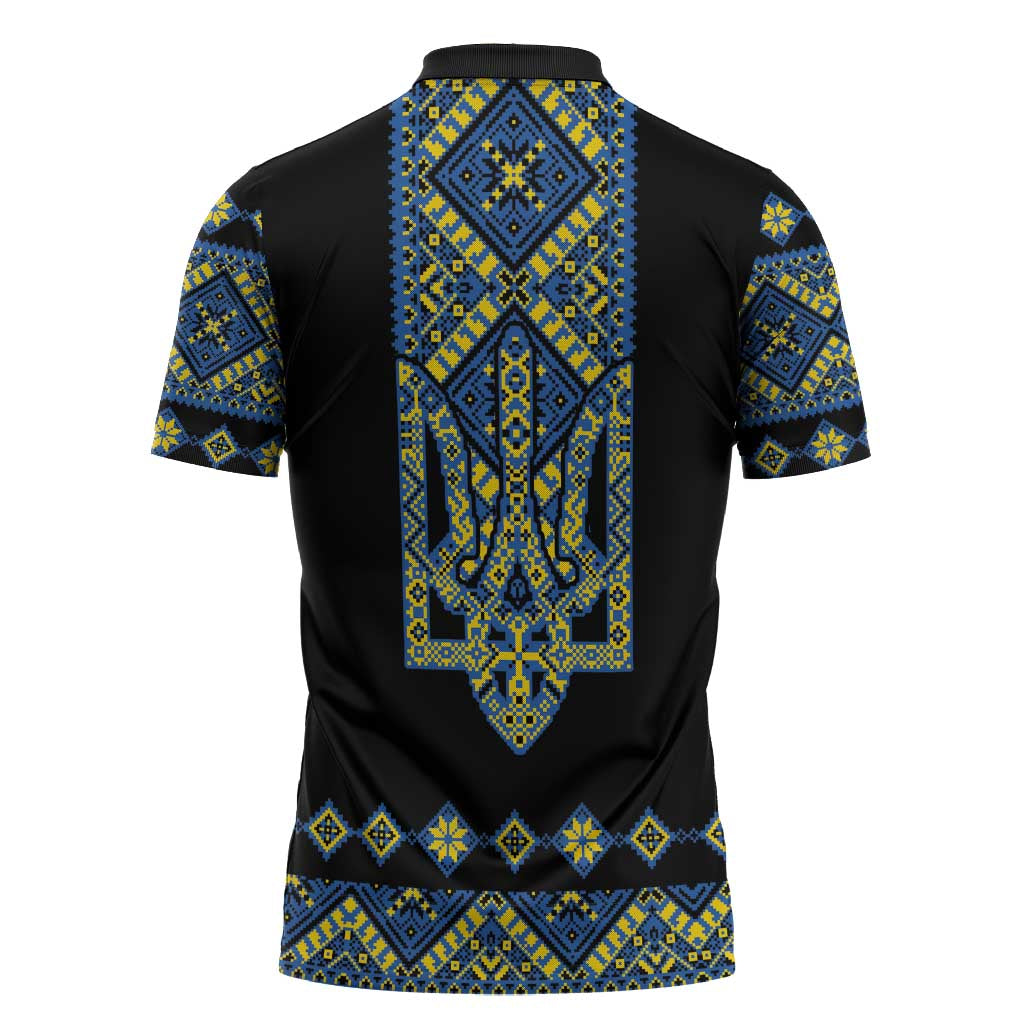 Ukraine Bandura Vyshyvanka Pattern Zipper Polo Shirt Ukrainian Heritage Folk Black Version - Wonder Print Shop