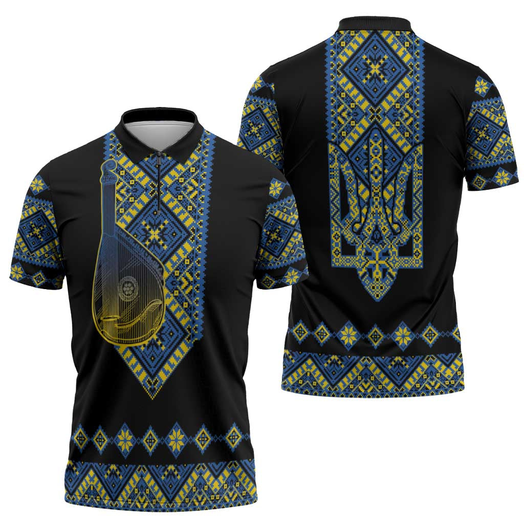 Ukraine Bandura Vyshyvanka Pattern Zipper Polo Shirt Ukrainian Heritage Folk Black Version - Wonder Print Shop