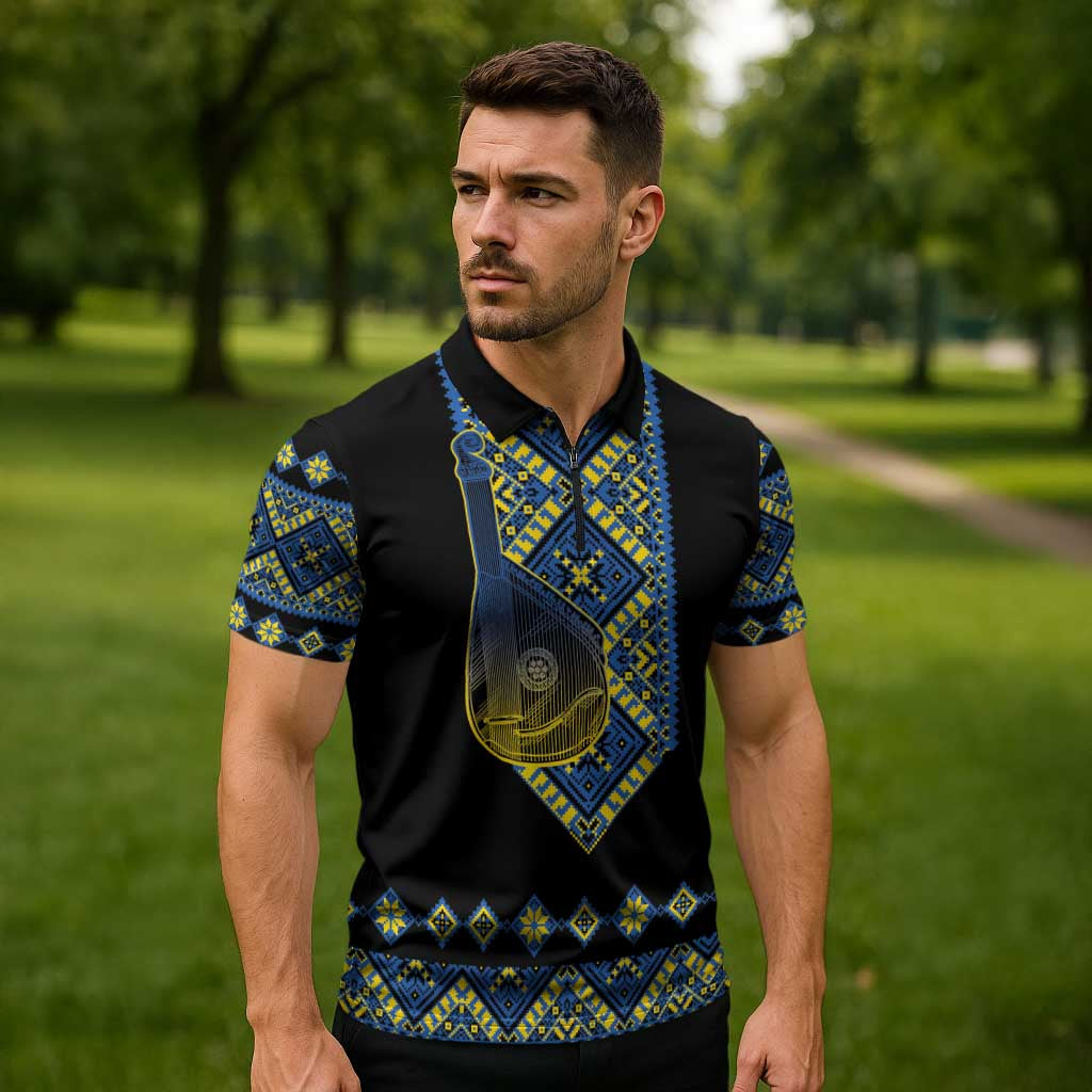 Ukraine Bandura Vyshyvanka Pattern Zipper Polo Shirt Ukrainian Heritage Folk Black Version - Wonder Print Shop