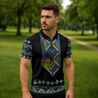 Ukraine Bandura Vyshyvanka Pattern Zipper Polo Shirt Ukrainian Heritage Folk Black Version - Wonder Print Shop