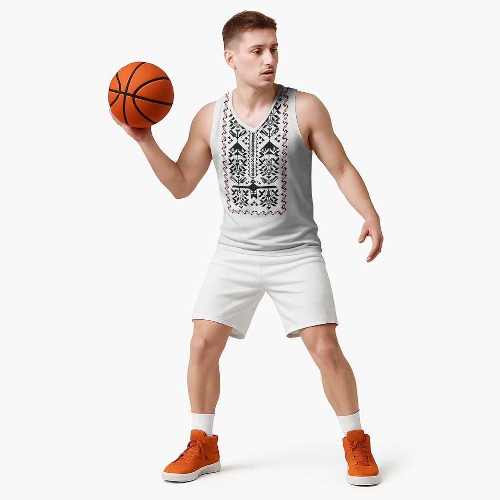 Ukraine Military Vyshyvanka Pattern Basketball Jersey Ukrainian Heritage White Tactical Style - Wonder Print Shop