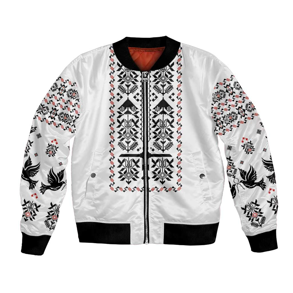 Ukraine Military Vyshyvanka Pattern Bomber Jacket Ukrainian Heritage White Tactical Style - Wonder Print Shop