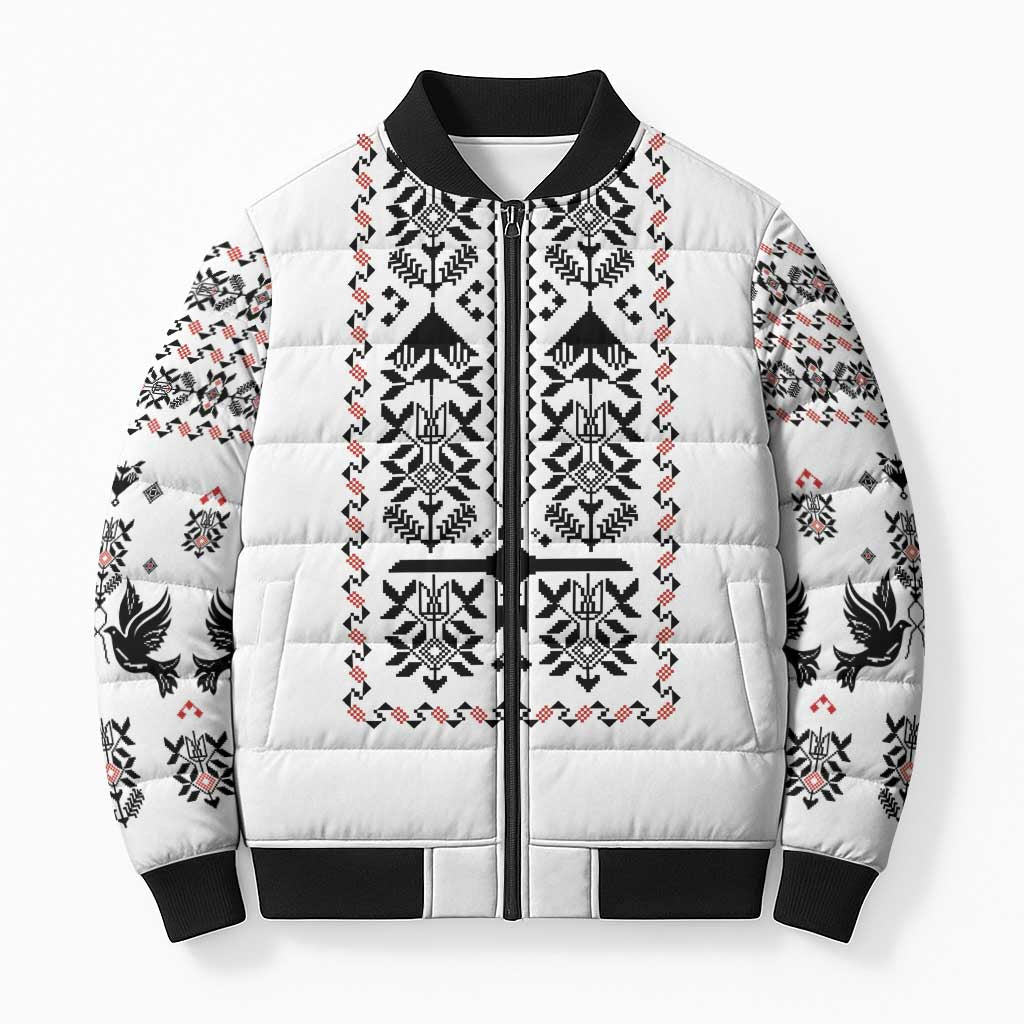 Ukraine Military Vyshyvanka Pattern Bomber Puffer Jacket Ukrainian Heritage White Tactical Style - Wonder Print Shop