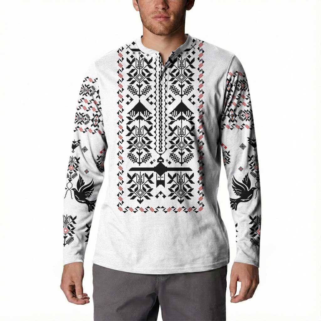 Ukraine Military Vyshyvanka Pattern Button Sweatshirt Ukrainian Heritage White Tactical Style - Wonder Print Shop