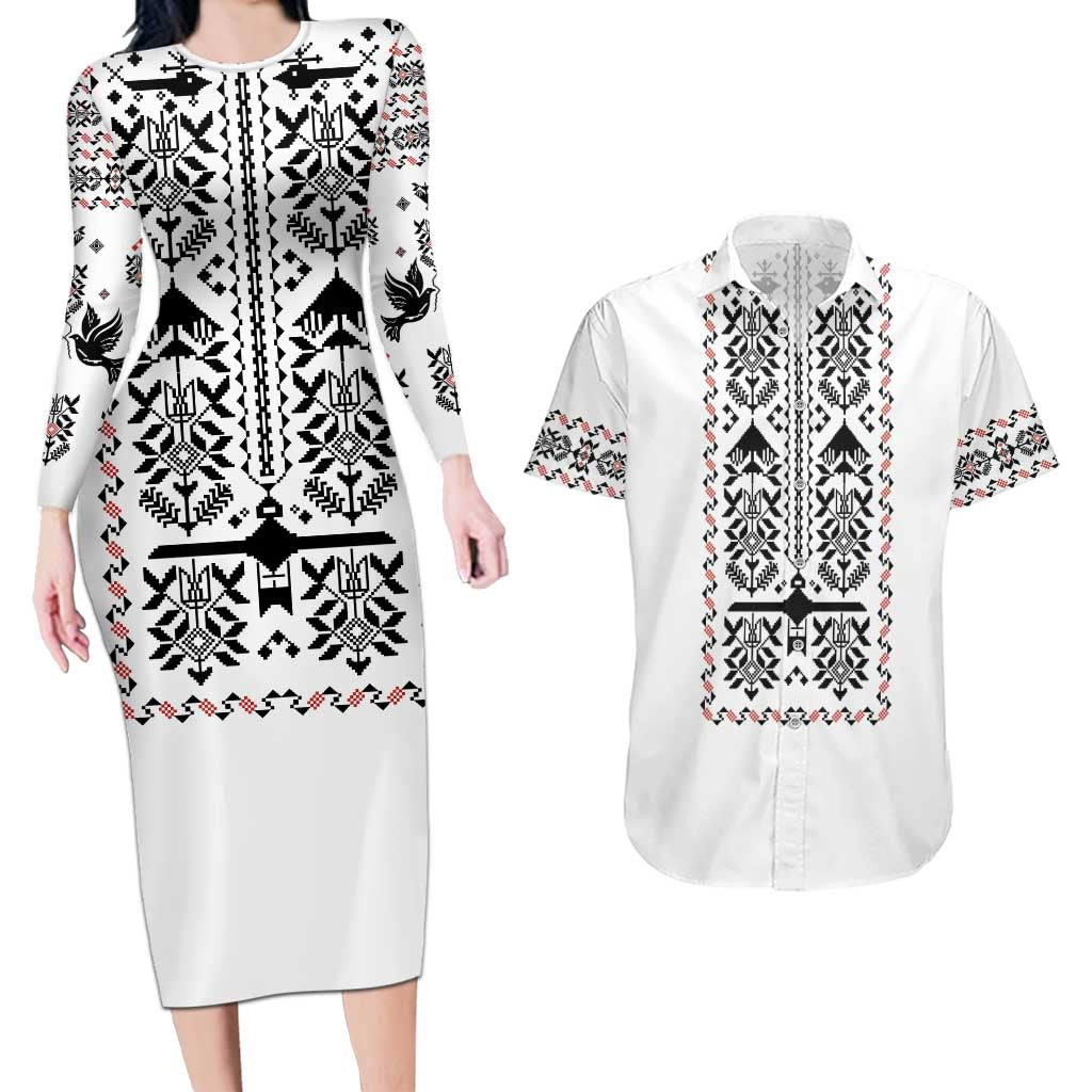 Ukraine Military Vyshyvanka Pattern Couples Matching Long Sleeve Bodycon Dress and Hawaiian Shirt Ukrainian Heritage White Tactical Style - Wonder Print Shop