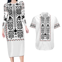 Ukraine Military Vyshyvanka Pattern Couples Matching Long Sleeve Bodycon Dress and Hawaiian Shirt Ukrainian Heritage White Tactical Style - Wonder Print Shop