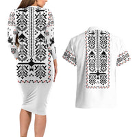 Ukraine Military Vyshyvanka Pattern Couples Matching Long Sleeve Bodycon Dress and Hawaiian Shirt Ukrainian Heritage White Tactical Style - Wonder Print Shop