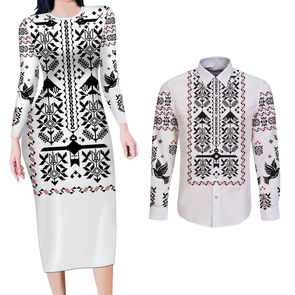 Ukraine Military Vyshyvanka Pattern Couples Matching Long Sleeve Bodycon Dress and Long Sleeve Button Shirt Ukrainian Heritage White Tactical Style - Wonder Print Shop