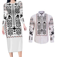 Ukraine Military Vyshyvanka Pattern Couples Matching Long Sleeve Bodycon Dress and Long Sleeve Button Shirt Ukrainian Heritage White Tactical Style - Wonder Print Shop