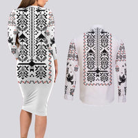 Ukraine Military Vyshyvanka Pattern Couples Matching Long Sleeve Bodycon Dress and Long Sleeve Button Shirt Ukrainian Heritage White Tactical Style - Wonder Print Shop