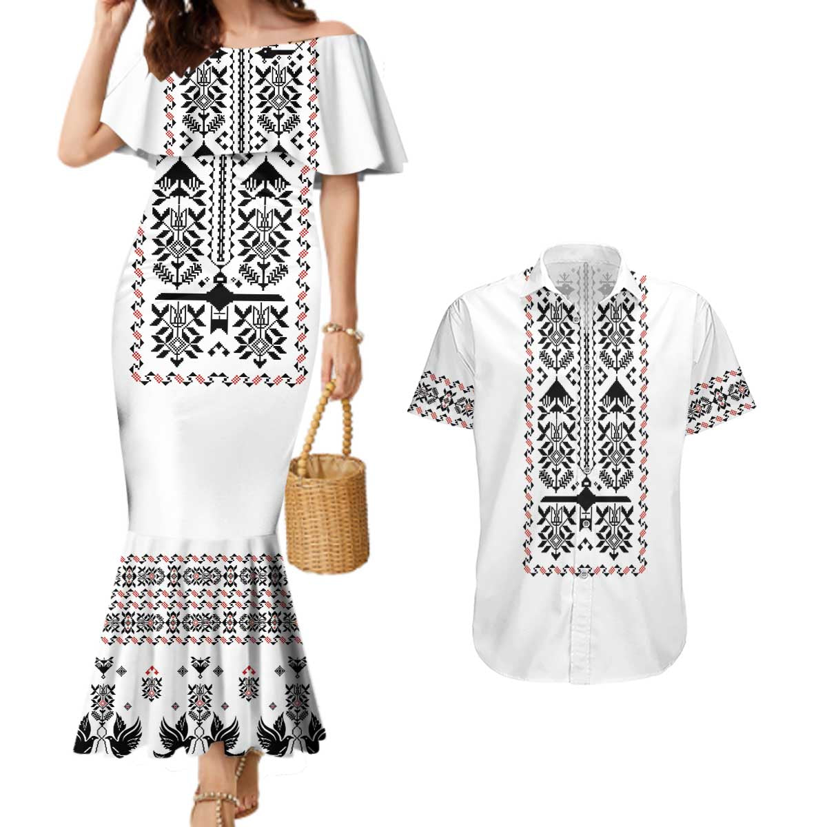 Ukraine Military Vyshyvanka Pattern Couples Matching Mermaid Dress and Hawaiian Shirt Ukrainian Heritage White Tactical Style - Wonder Print Shop