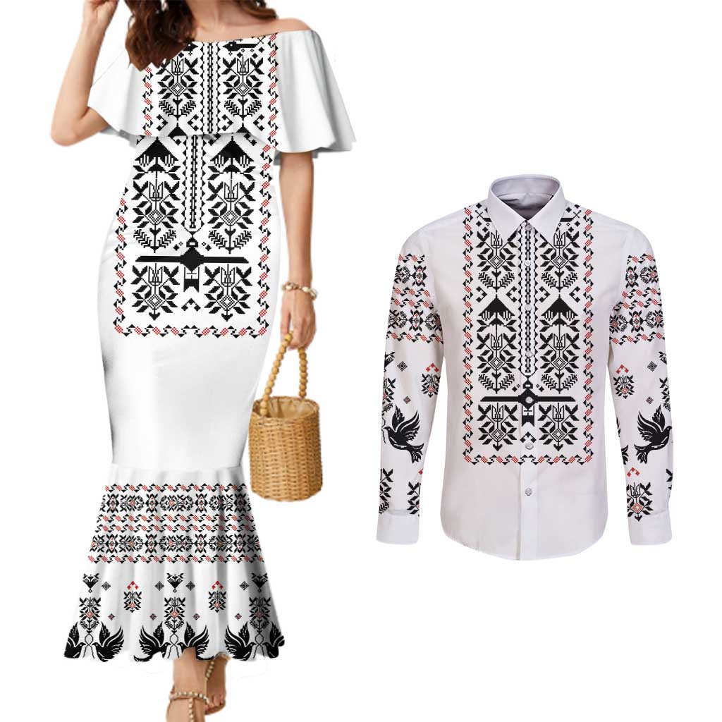 Ukraine Military Vyshyvanka Pattern Couples Matching Mermaid Dress and Long Sleeve Button Shirt Ukrainian Heritage White Tactical Style - Wonder Print Shop
