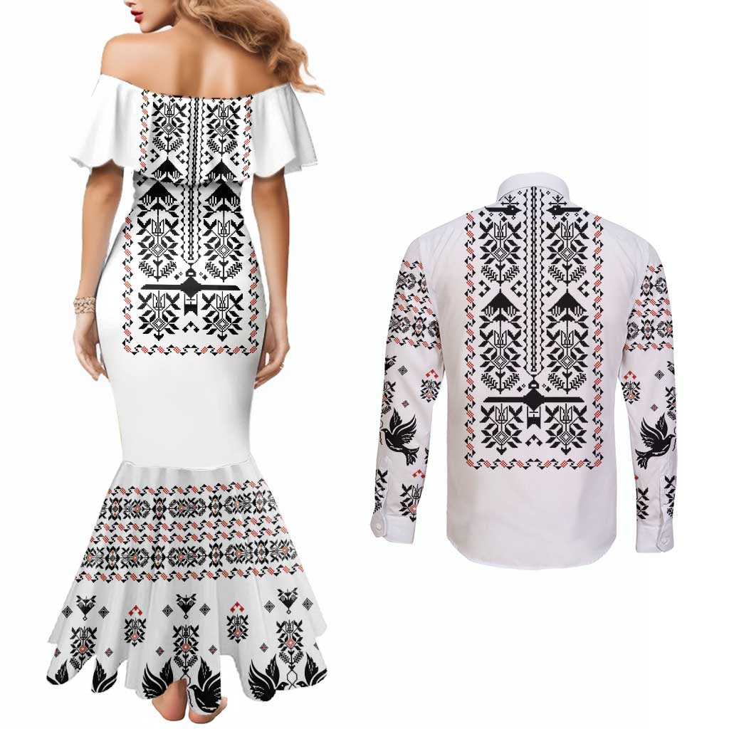 Ukraine Military Vyshyvanka Pattern Couples Matching Mermaid Dress and Long Sleeve Button Shirt Ukrainian Heritage White Tactical Style - Wonder Print Shop
