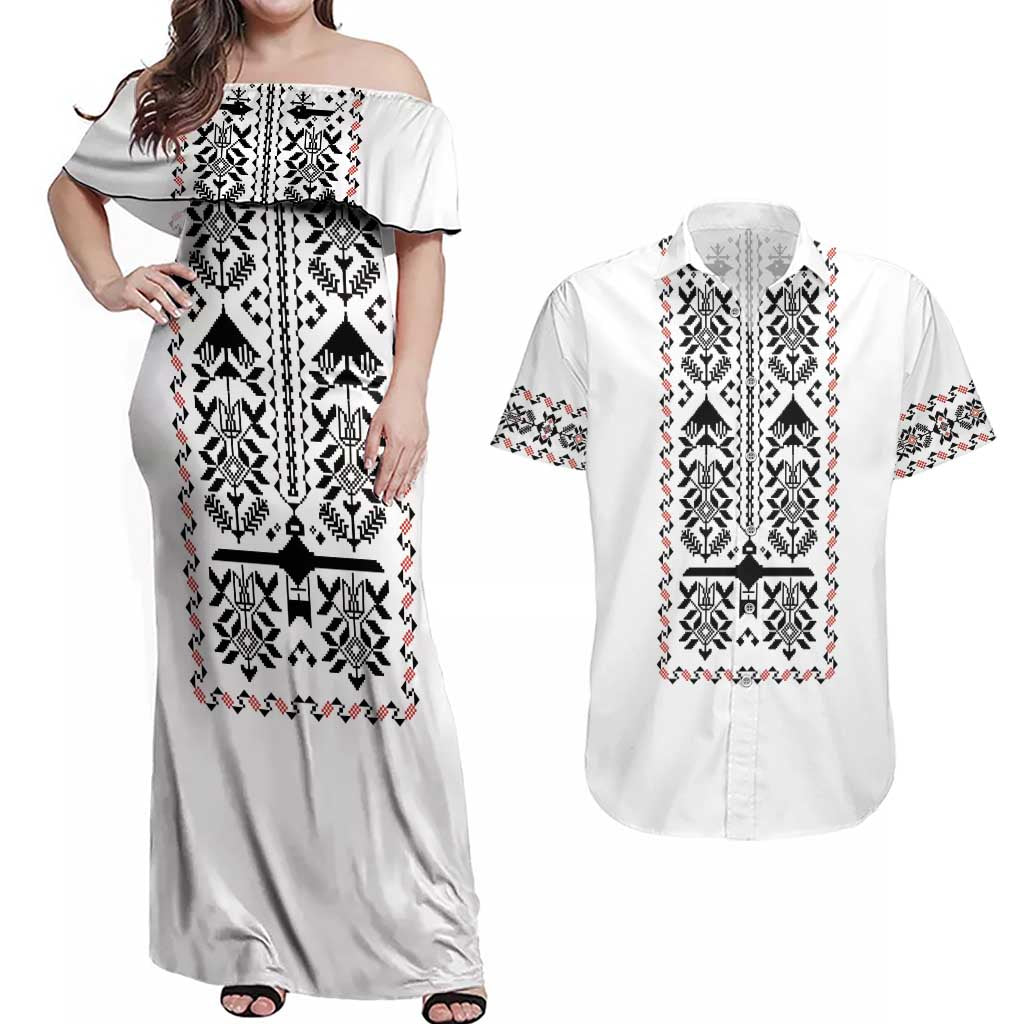 Ukraine Military Vyshyvanka Pattern Couples Matching Off Shoulder Maxi Dress and Hawaiian Shirt Ukrainian Heritage White Tactical Style - Wonder Print Shop