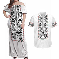 Ukraine Military Vyshyvanka Pattern Couples Matching Off Shoulder Maxi Dress and Hawaiian Shirt Ukrainian Heritage White Tactical Style - Wonder Print Shop