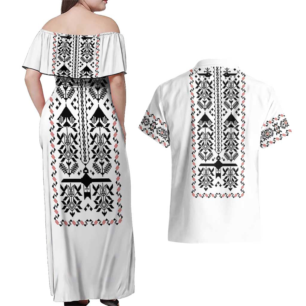 Ukraine Military Vyshyvanka Pattern Couples Matching Off Shoulder Maxi Dress and Hawaiian Shirt Ukrainian Heritage White Tactical Style - Wonder Print Shop