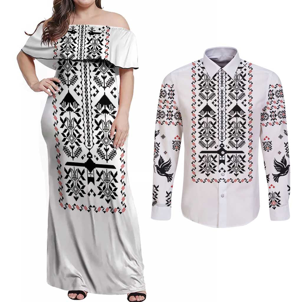 Ukraine Military Vyshyvanka Pattern Couples Matching Off Shoulder Maxi Dress and Long Sleeve Button Shirt Ukrainian Heritage White Tactical Style - Wonder Print Shop