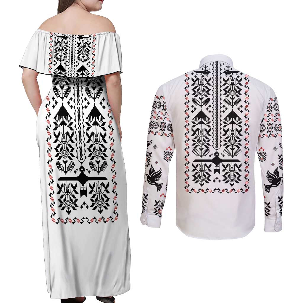Ukraine Military Vyshyvanka Pattern Couples Matching Off Shoulder Maxi Dress and Long Sleeve Button Shirt Ukrainian Heritage White Tactical Style - Wonder Print Shop