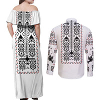 Ukraine Military Vyshyvanka Pattern Couples Matching Off Shoulder Maxi Dress and Long Sleeve Button Shirt Ukrainian Heritage White Tactical Style - Wonder Print Shop