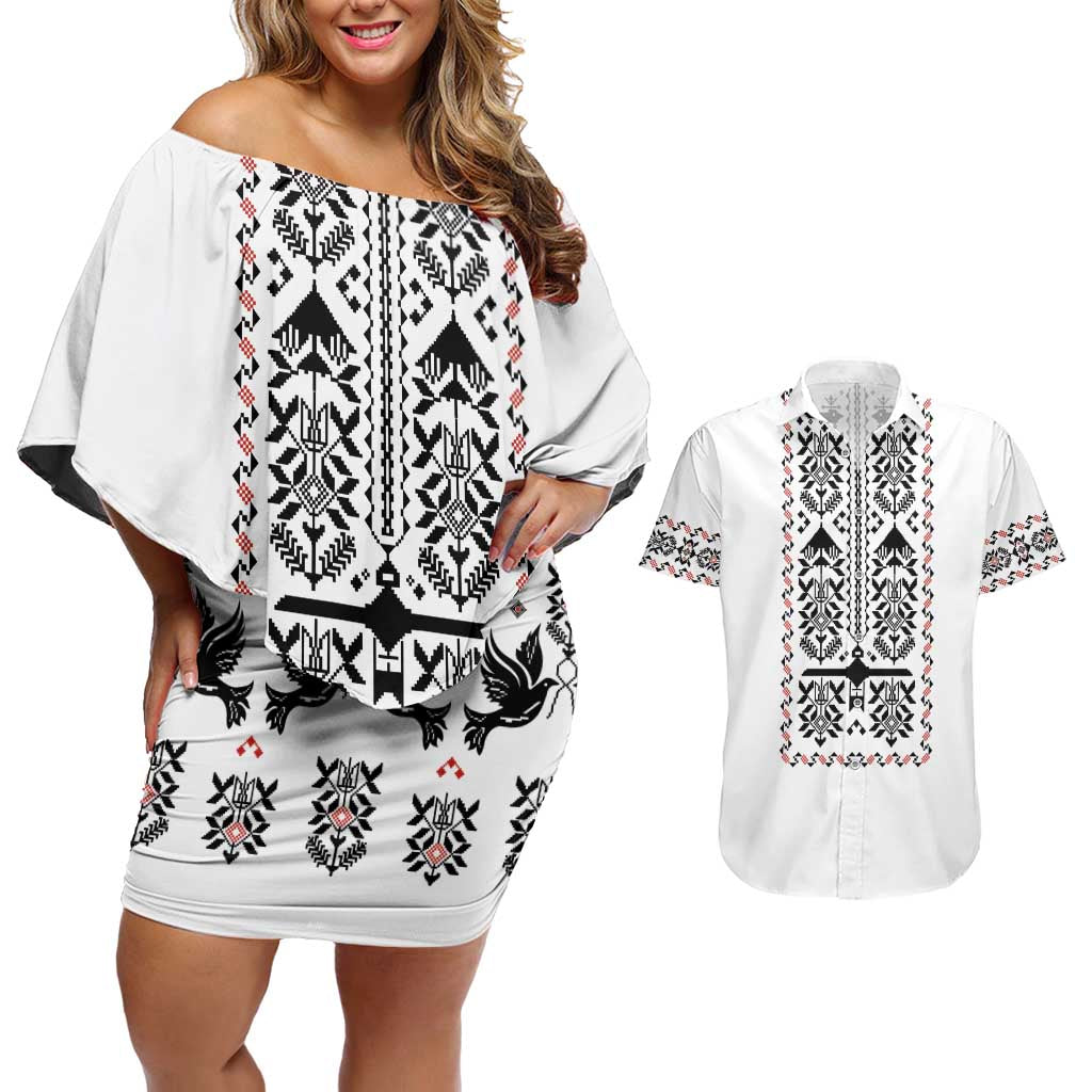 Ukraine Military Vyshyvanka Pattern Couples Matching Off Shoulder Short Dress and Hawaiian Shirt Ukrainian Heritage White Tactical Style - Wonder Print Shop