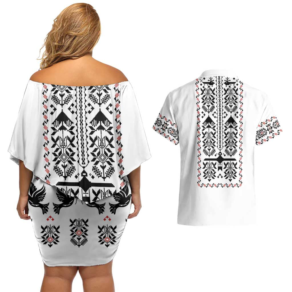 Ukraine Military Vyshyvanka Pattern Couples Matching Off Shoulder Short Dress and Hawaiian Shirt Ukrainian Heritage White Tactical Style - Wonder Print Shop