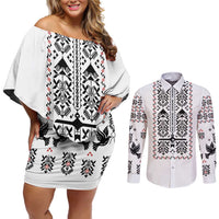 Ukraine Military Vyshyvanka Pattern Couples Matching Off Shoulder Short Dress and Long Sleeve Button Shirt Ukrainian Heritage White Tactical Style - Wonder Print Shop