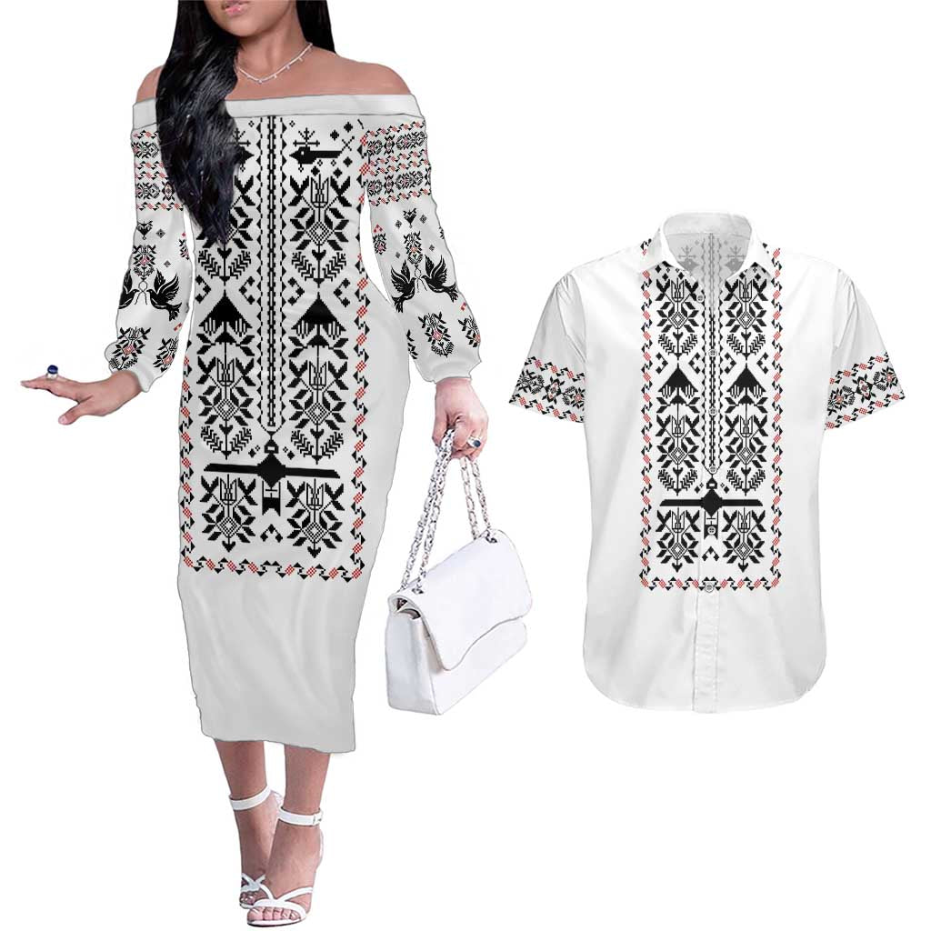 Ukraine Military Vyshyvanka Pattern Couples Matching Off The Shoulder Long Sleeve Dress and Hawaiian Shirt Ukrainian Heritage White Tactical Style - Wonder Print Shop
