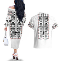 Ukraine Military Vyshyvanka Pattern Couples Matching Off The Shoulder Long Sleeve Dress and Hawaiian Shirt Ukrainian Heritage White Tactical Style - Wonder Print Shop