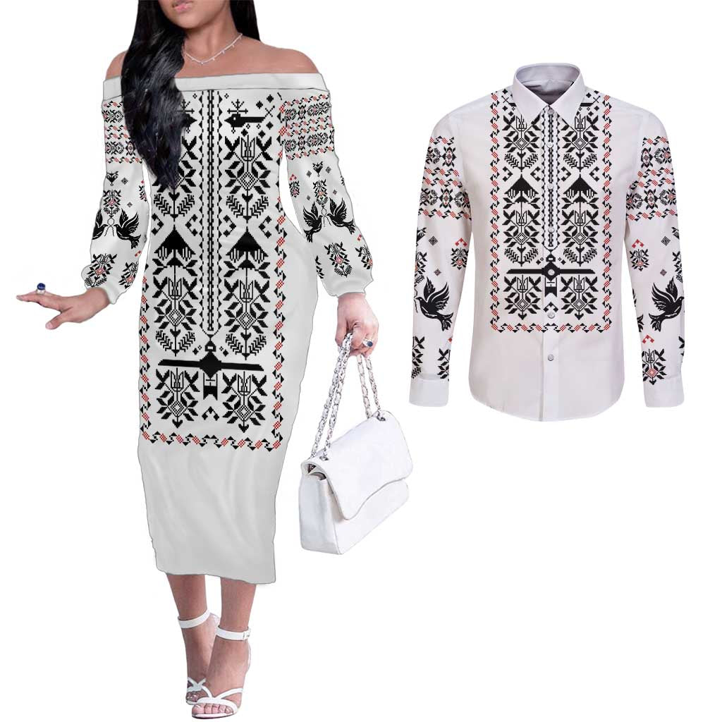 Ukraine Military Vyshyvanka Pattern Couples Matching Off The Shoulder Long Sleeve Dress and Long Sleeve Button Shirt Ukrainian Heritage White Tactical Style - Wonder Print Shop